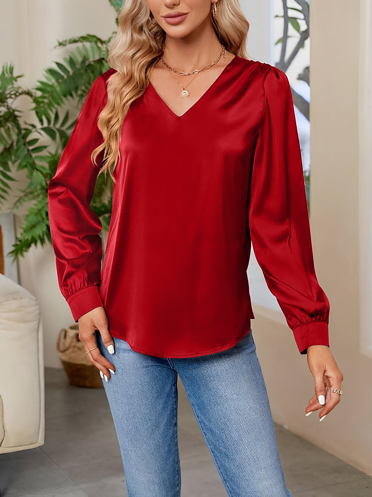 Satin Puff Long Sleeve V Neck Casual Blouse