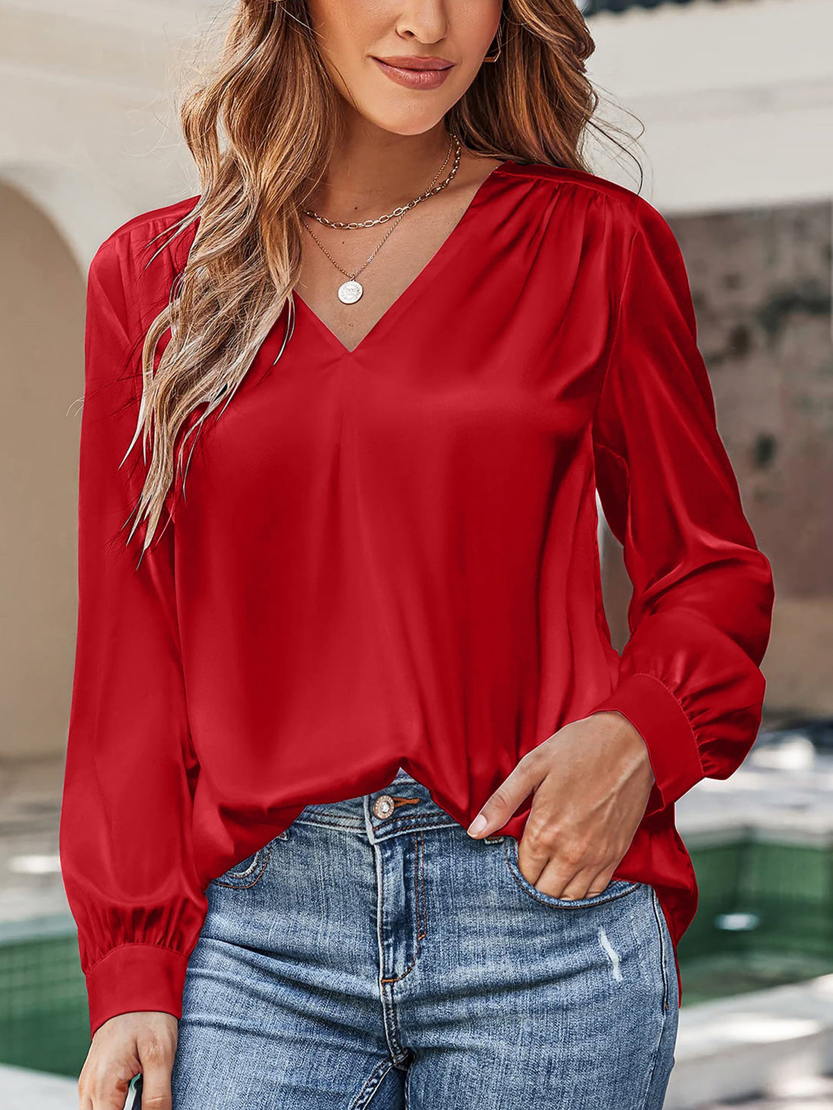 Satin Puff Long Sleeve V Neck Casual Blouse