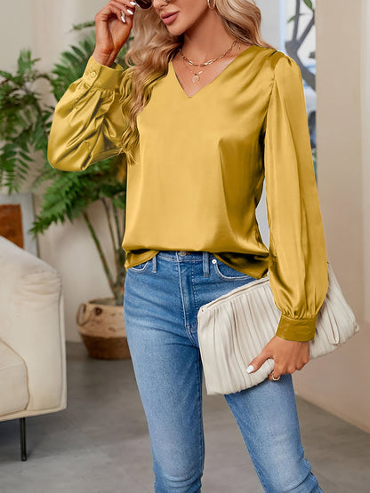 Satin Puff Long Sleeve V Neck Casual Blouse