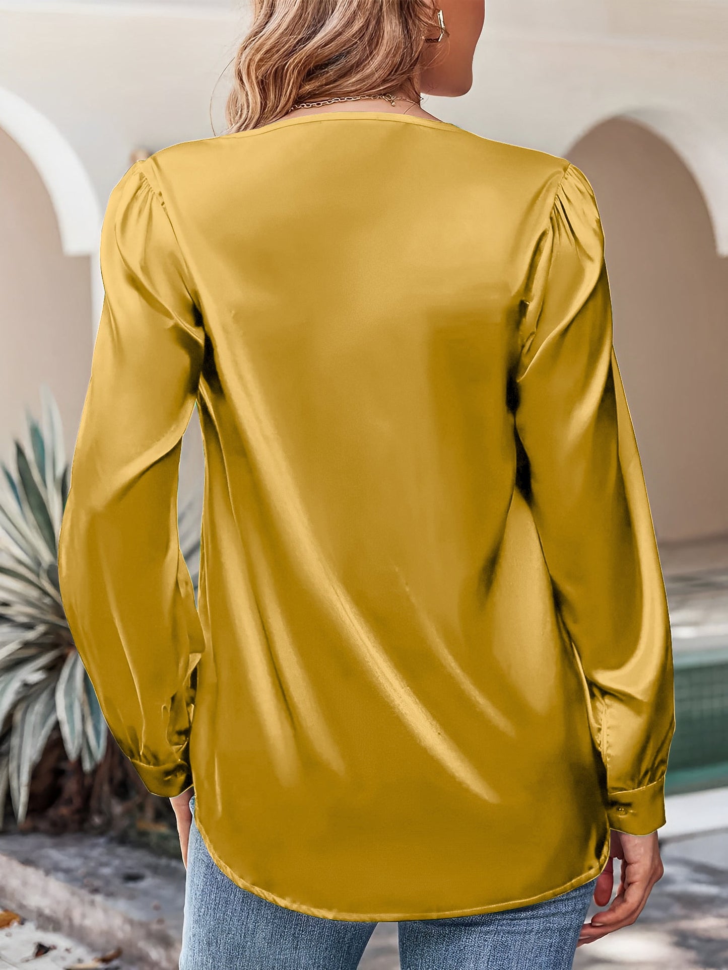 Satin Puff Long Sleeve V Neck Casual Blouse