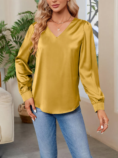 Satin Puff Long Sleeve V Neck Casual Blouse