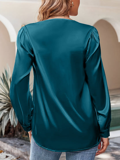 Satin Puff Long Sleeve V Neck Casual Blouse