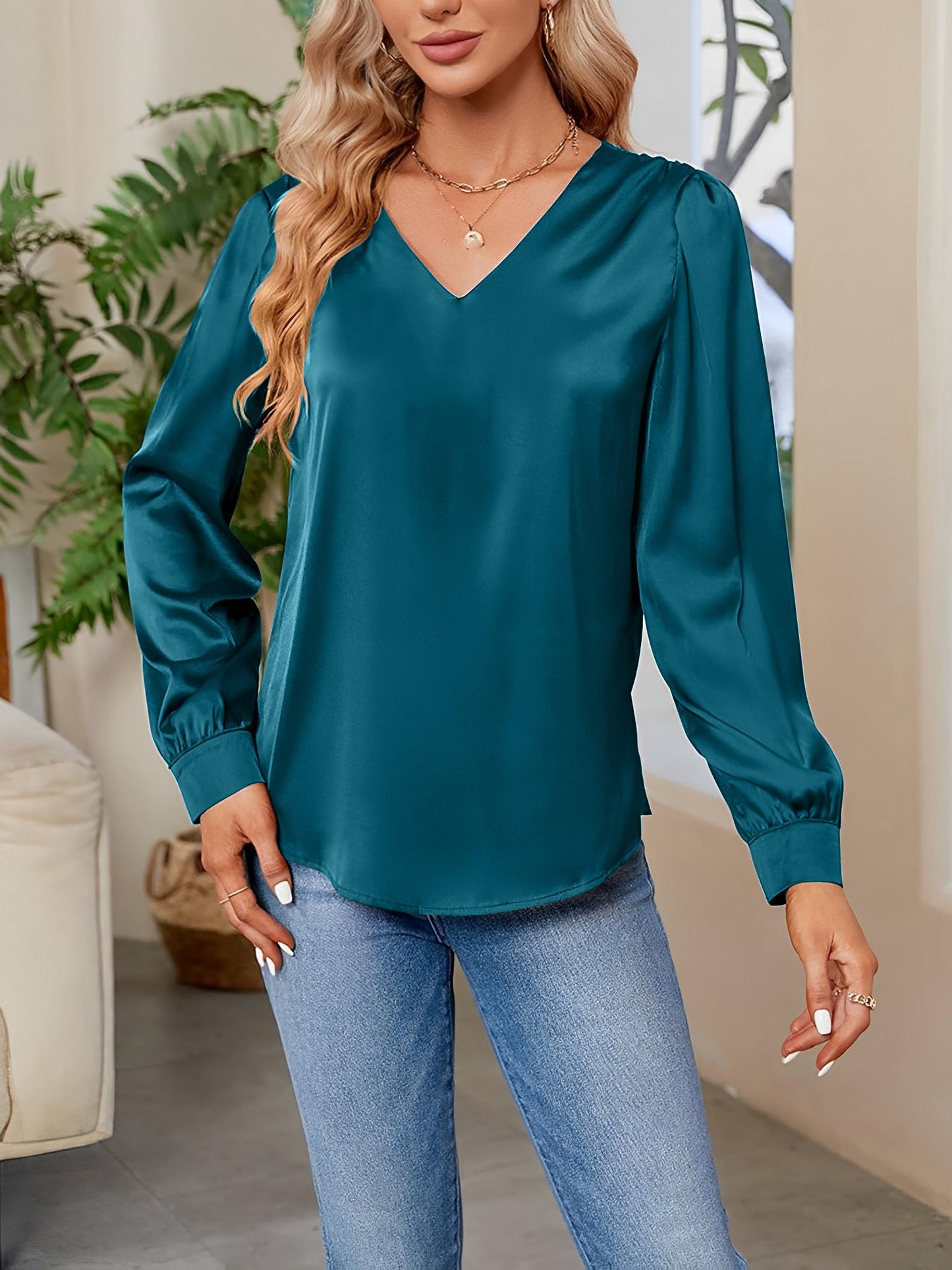 Satin Puff Long Sleeve V Neck Casual Blouse