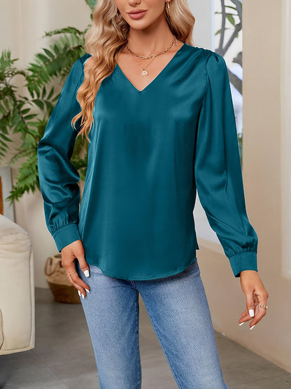 Satin Puff Long Sleeve V Neck Casual Blouse