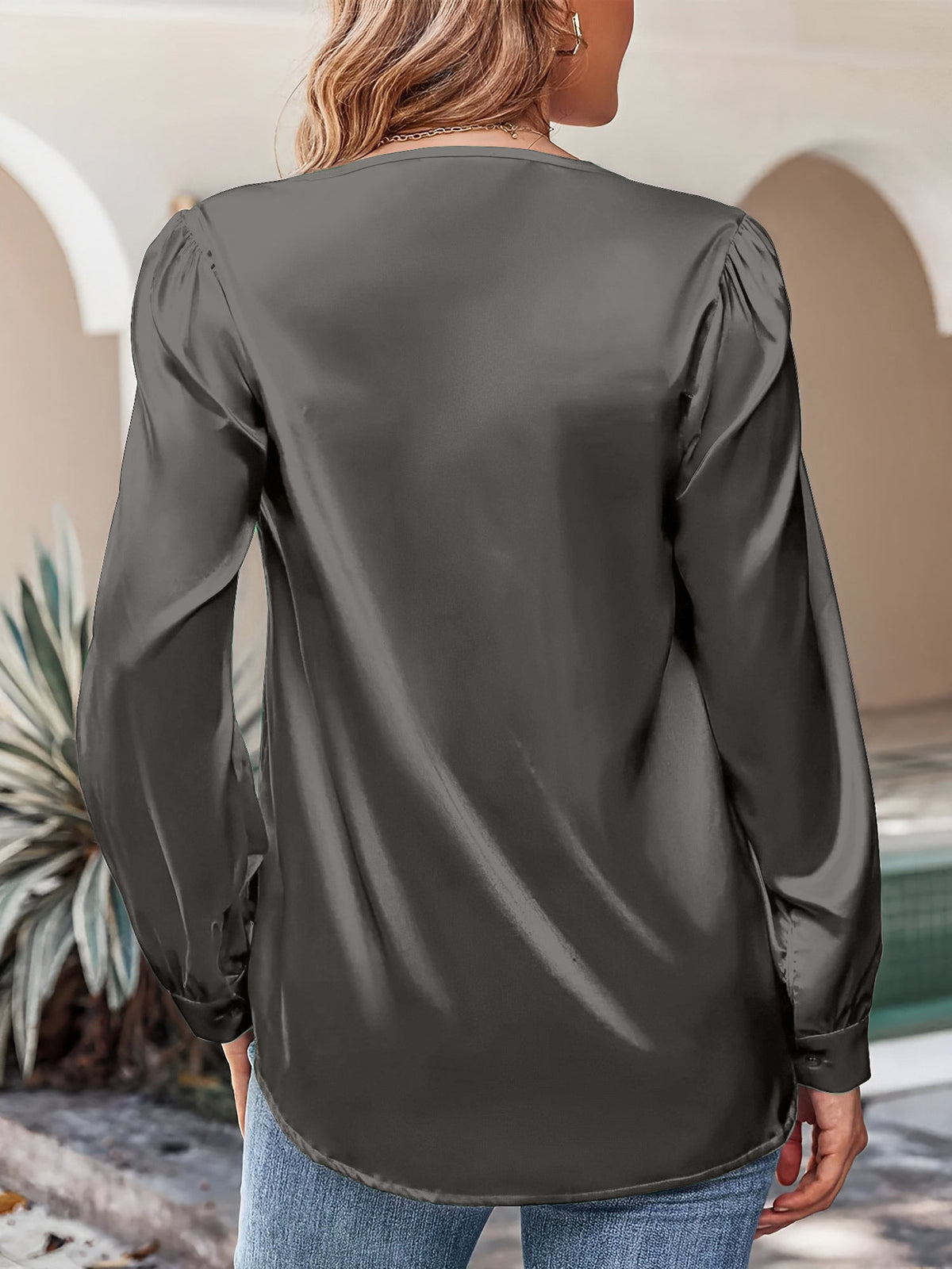 Satin Puff Long Sleeve V Neck Casual Blouse