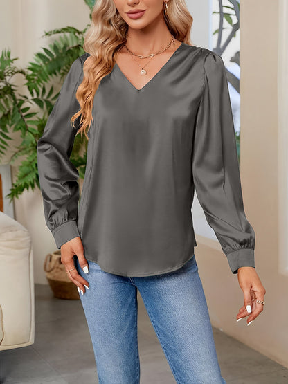 Satin Puff Long Sleeve V Neck Casual Blouse