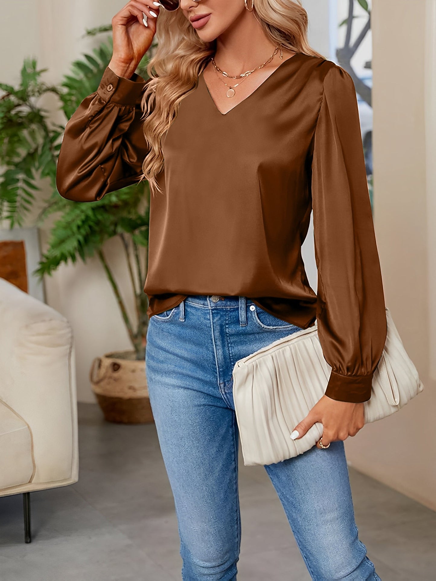 Satin Puff Long Sleeve V Neck Casual Blouse