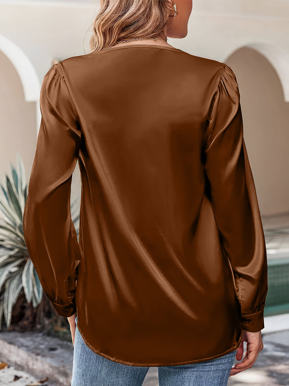 Satin Puff Long Sleeve V Neck Casual Blouse
