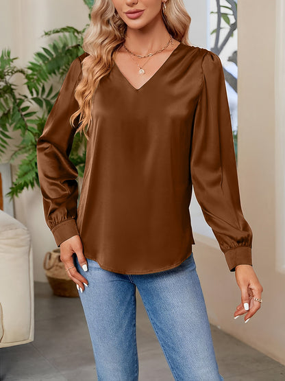 Satin Puff Long Sleeve V Neck Casual Blouse
