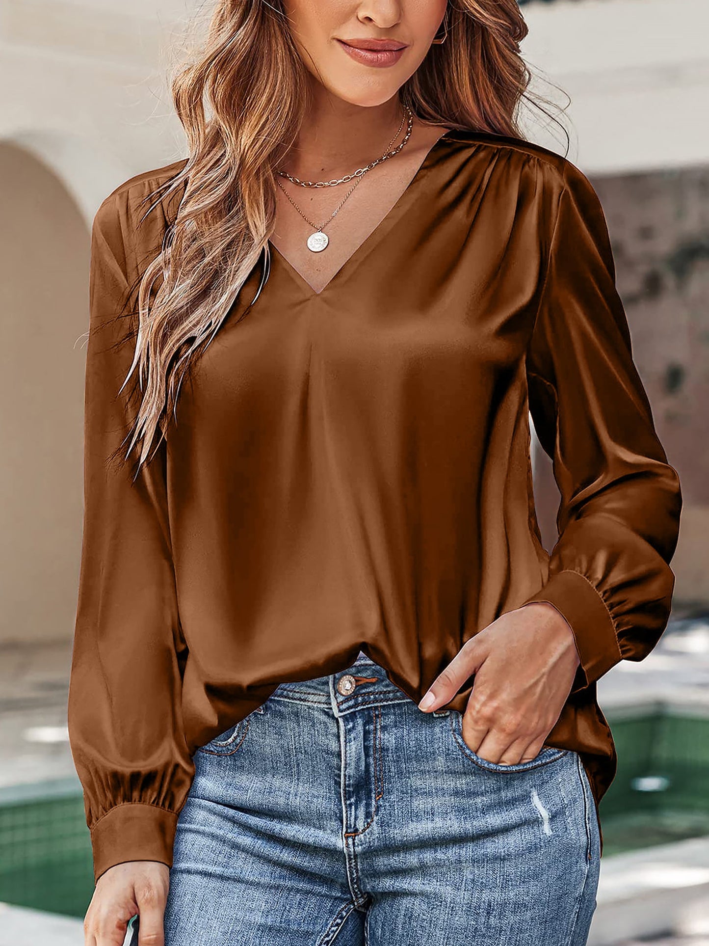 Satin Puff Long Sleeve V Neck Casual Blouse