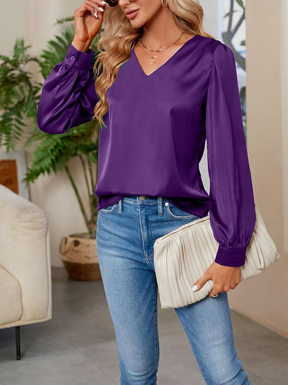Satin Puff Long Sleeve V Neck Casual Blouse