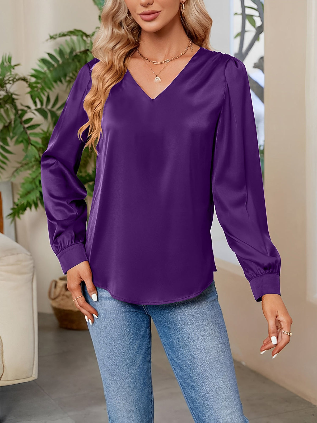 Satin Puff Long Sleeve V Neck Casual Blouse