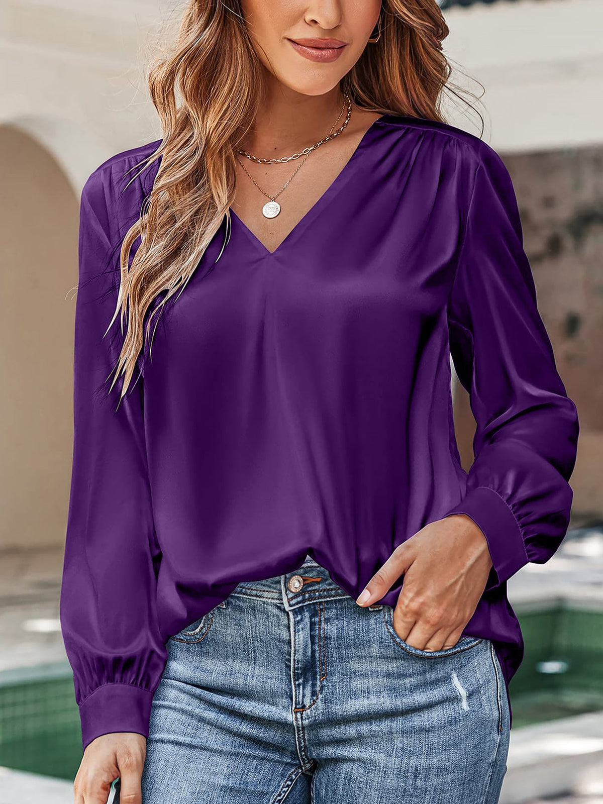 Satin Puff Long Sleeve V Neck Casual Blouse