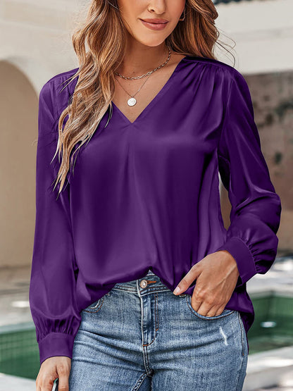 Satin Puff Long Sleeve V Neck Casual Blouse