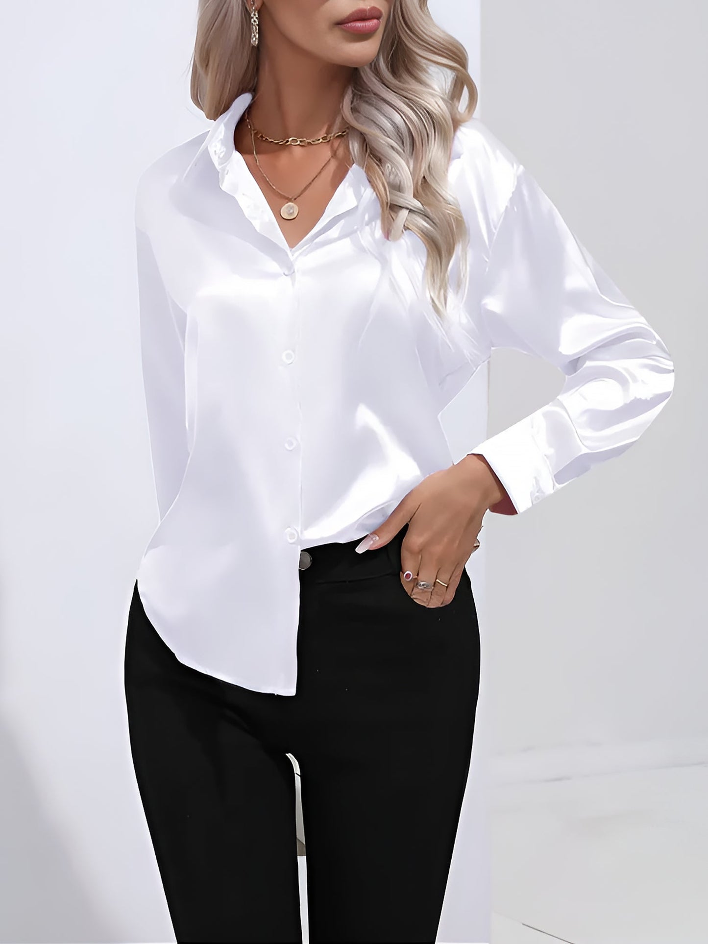 Versatile Collared Satin Solid Color Button Front Lapel Adjustable Cuffs Shirt