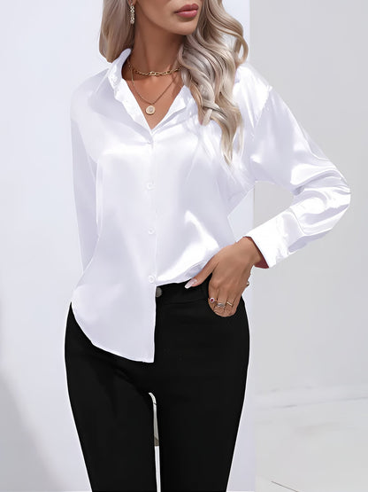 Versatile Collared Satin Solid Color Button Front Lapel Adjustable Cuffs Shirt