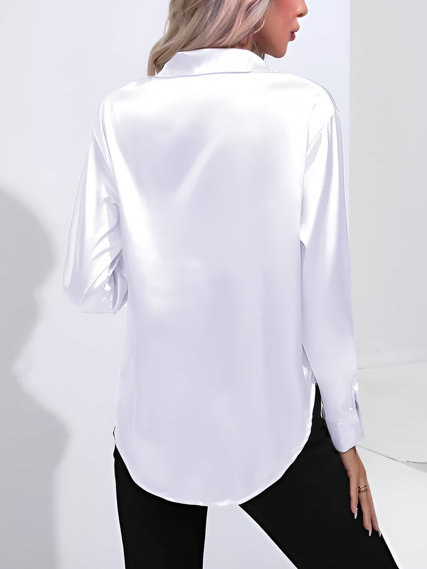 Versatile Collared Satin Solid Color Button Front Lapel Adjustable Cuffs Shirt