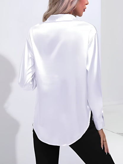 Versatile Collared Satin Solid Color Button Front Lapel Adjustable Cuffs Shirt