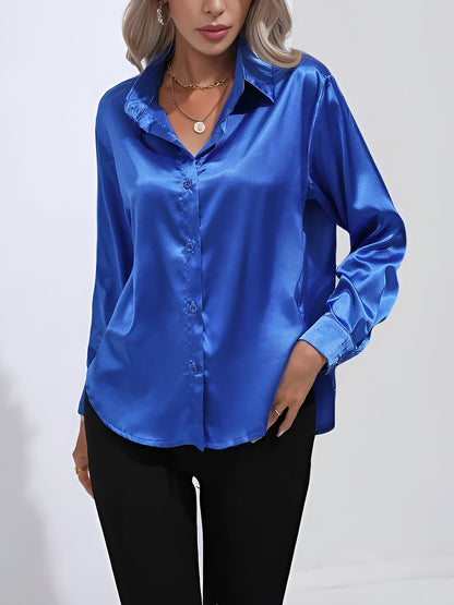 Versatile Collared Satin Solid Color Button Front Lapel Adjustable Cuffs Shirt