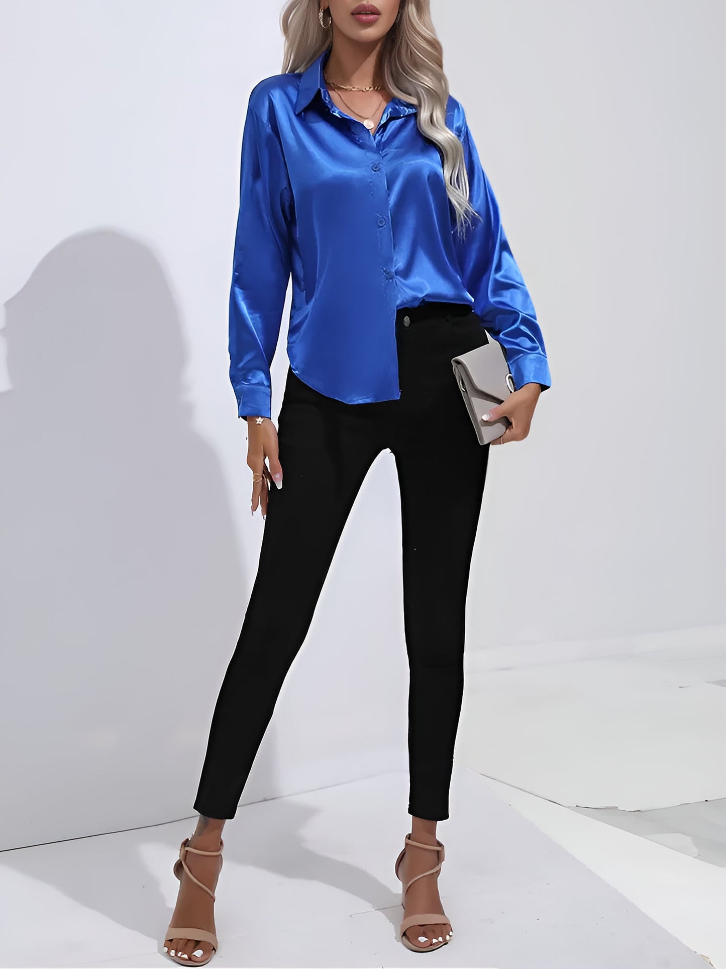 Versatile Collared Satin Solid Color Button Front Lapel Adjustable Cuffs Shirt