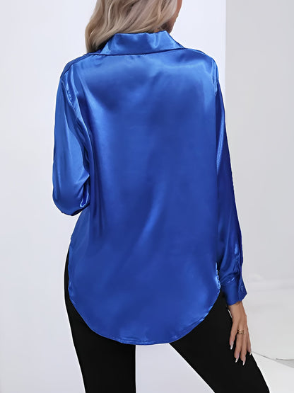 Versatile Collared Satin Solid Color Button Front Lapel Adjustable Cuffs Shirt