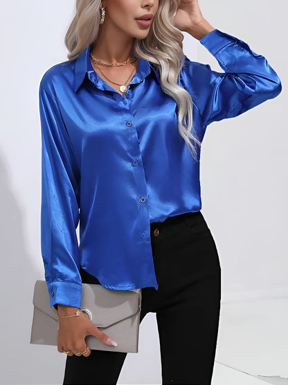 Versatile Collared Satin Solid Color Button Front Lapel Adjustable Cuffs Shirt