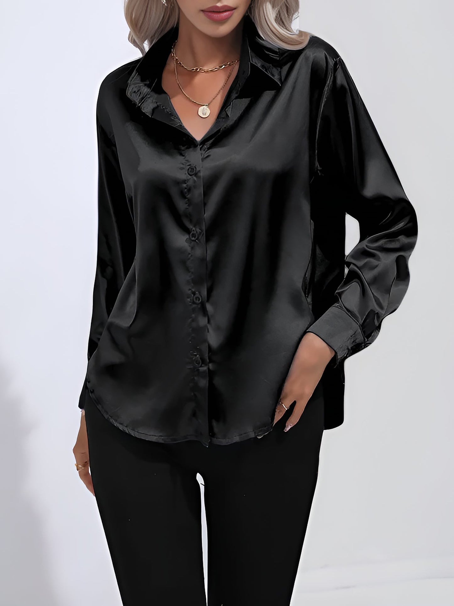 Versatile Collared Satin Solid Color Button Front Lapel Adjustable Cuffs Shirt