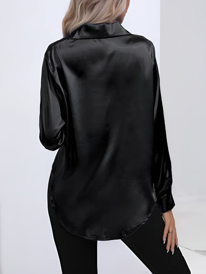 Versatile Collared Satin Solid Color Button Front Lapel Adjustable Cuffs Shirt
