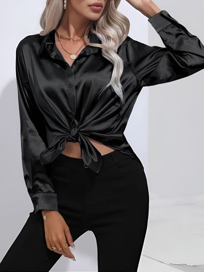 Versatile Collared Satin Solid Color Button Front Lapel Adjustable Cuffs Shirt