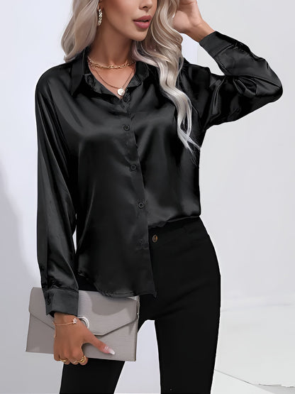 Versatile Collared Satin Solid Color Button Front Lapel Adjustable Cuffs Shirt