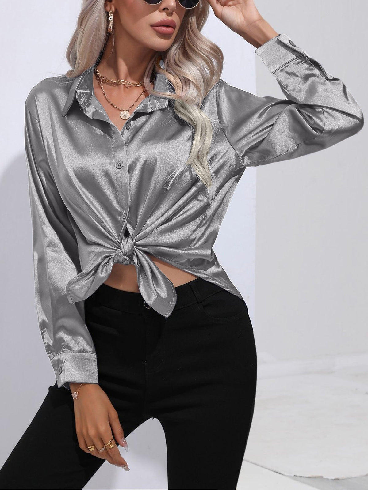 Versatile Collared Satin Solid Color Button Front Lapel Adjustable Cuffs Shirt
