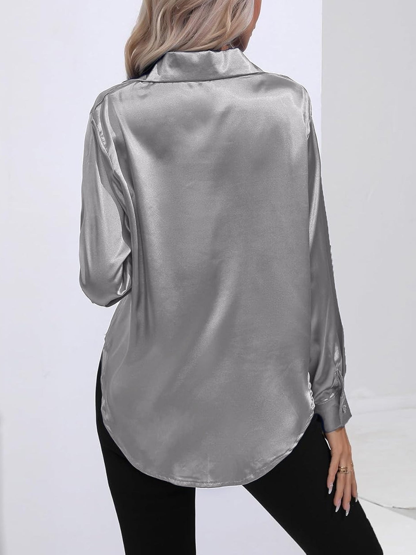 Versatile Collared Satin Solid Color Button Front Lapel Adjustable Cuffs Shirt
