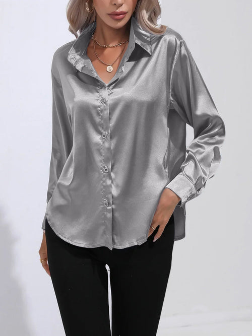 Versatile Collared Satin Solid Color Button Front Lapel Adjustable Cuffs Shirt