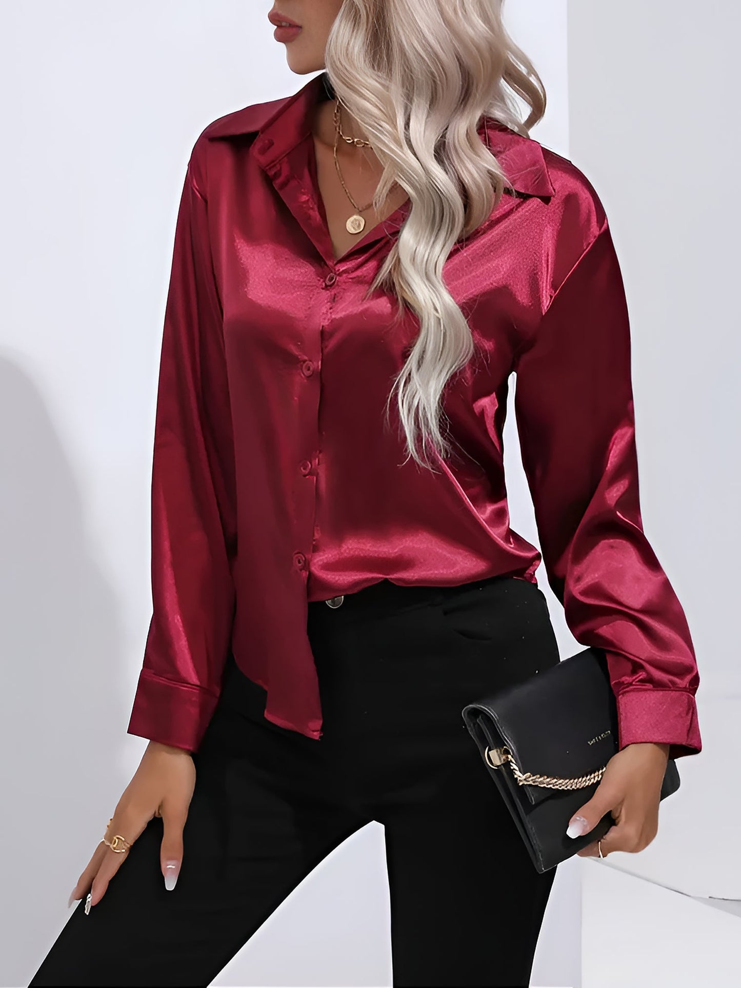 Versatile Collared Satin Solid Color Button Front Lapel Adjustable Cuffs Shirt