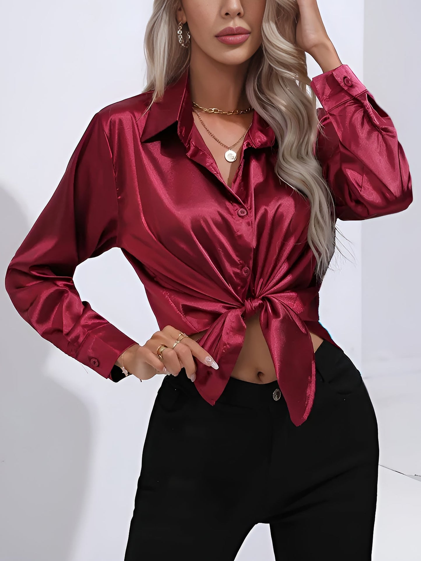 Versatile Collared Satin Solid Color Button Front Lapel Adjustable Cuffs Shirt