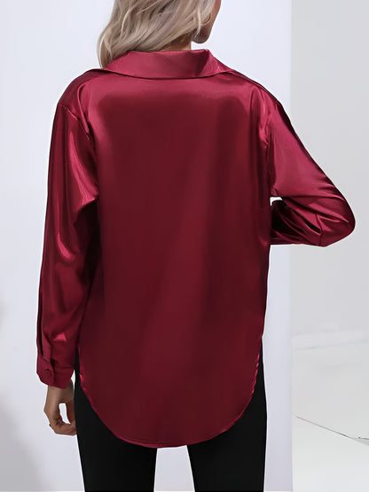 Versatile Collared Satin Solid Color Button Front Lapel Adjustable Cuffs Shirt
