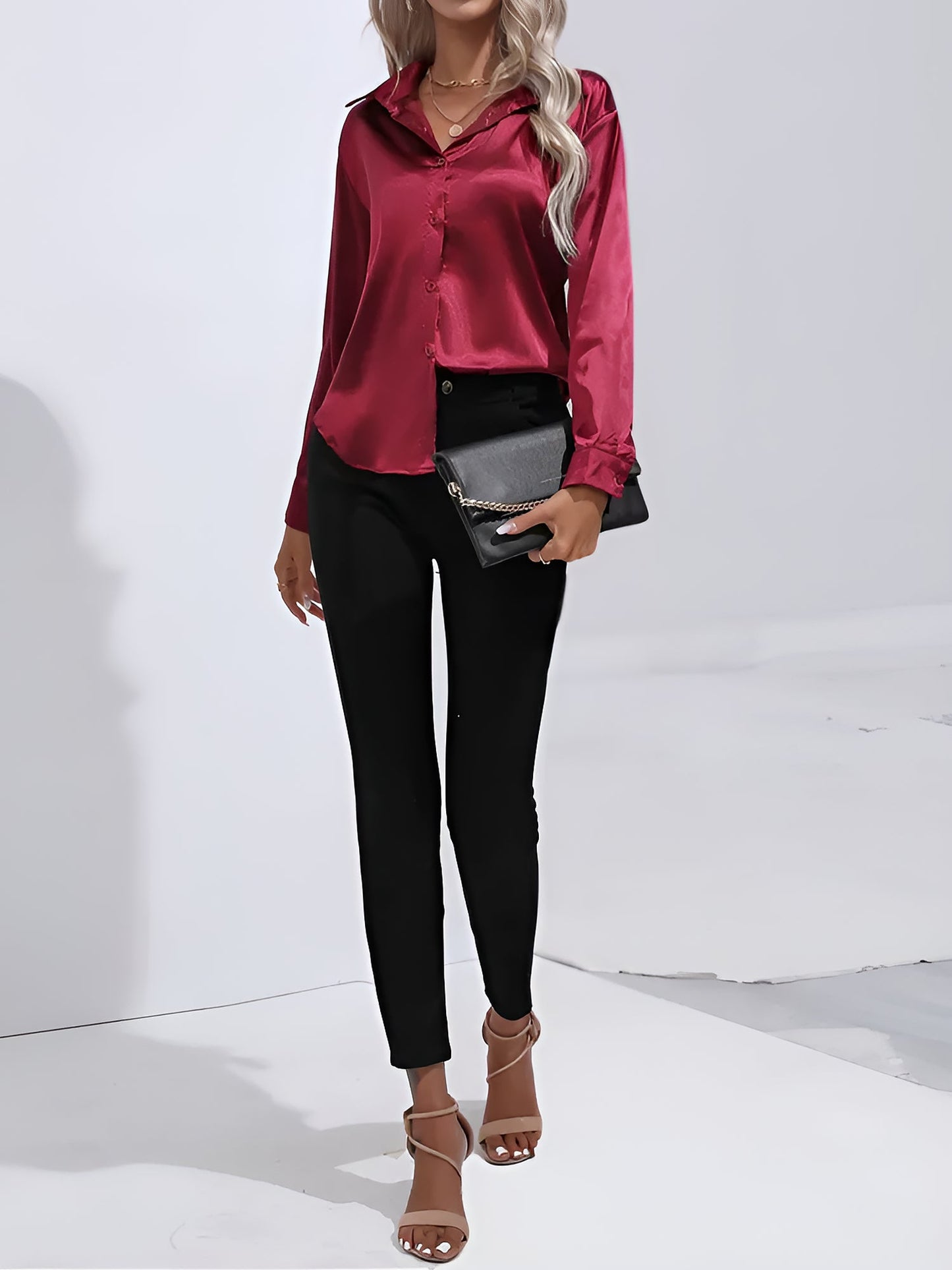 Versatile Collared Satin Solid Color Button Front Lapel Adjustable Cuffs Shirt