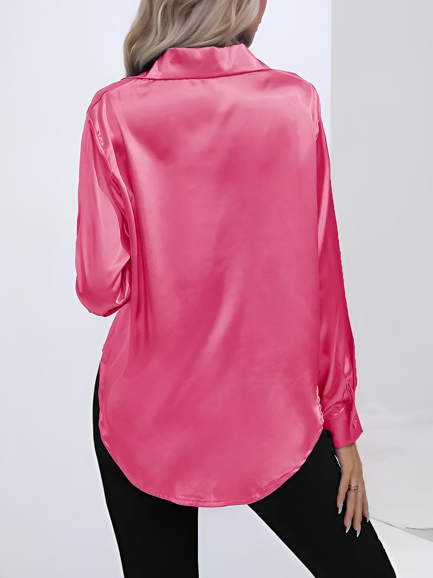Versatile Collared Satin Solid Color Button Front Lapel Adjustable Cuffs Shirt