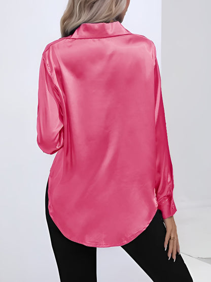 Versatile Collared Satin Solid Color Button Front Lapel Adjustable Cuffs Shirt