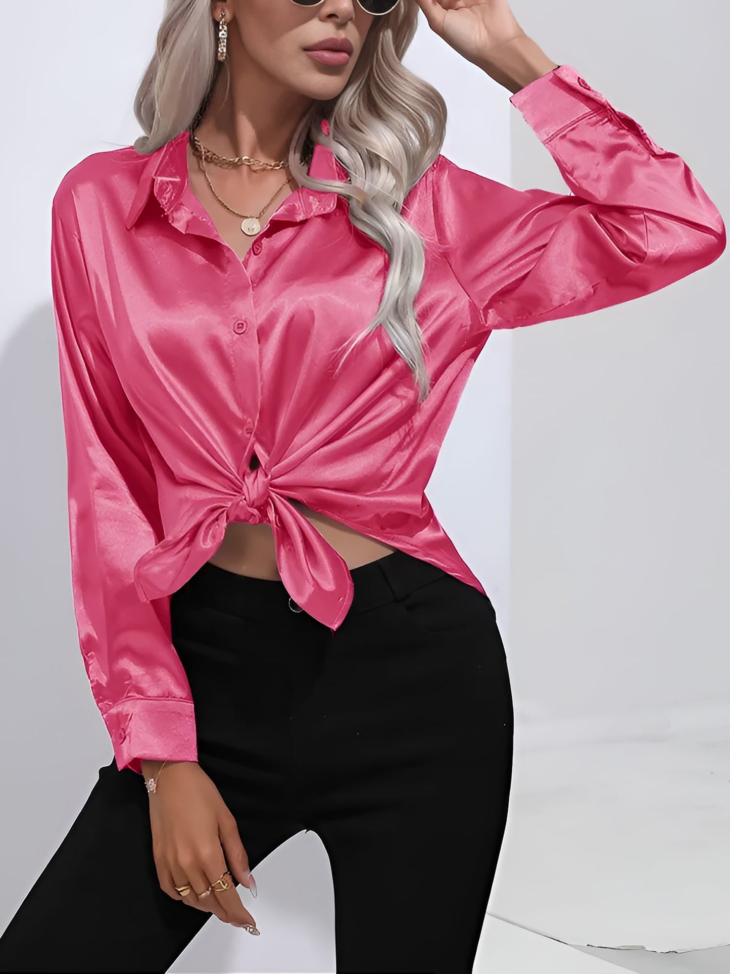 Versatile Collared Satin Solid Color Button Front Lapel Adjustable Cuffs Shirt