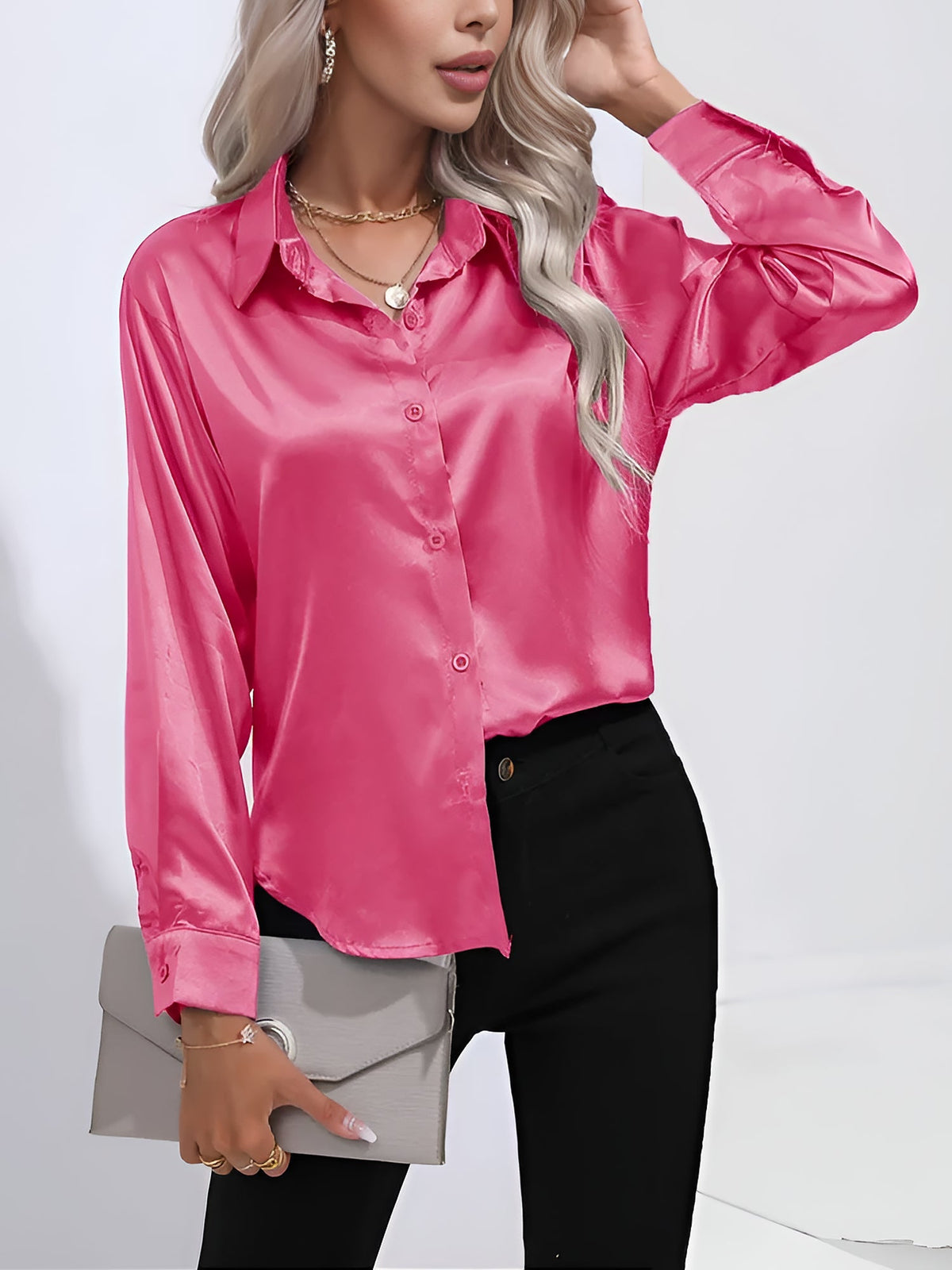 Versatile Collared Satin Solid Color Button Front Lapel Adjustable Cuffs Shirt