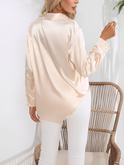 Versatile Collared Satin Solid Color Button Front Lapel Adjustable Cuffs Shirt