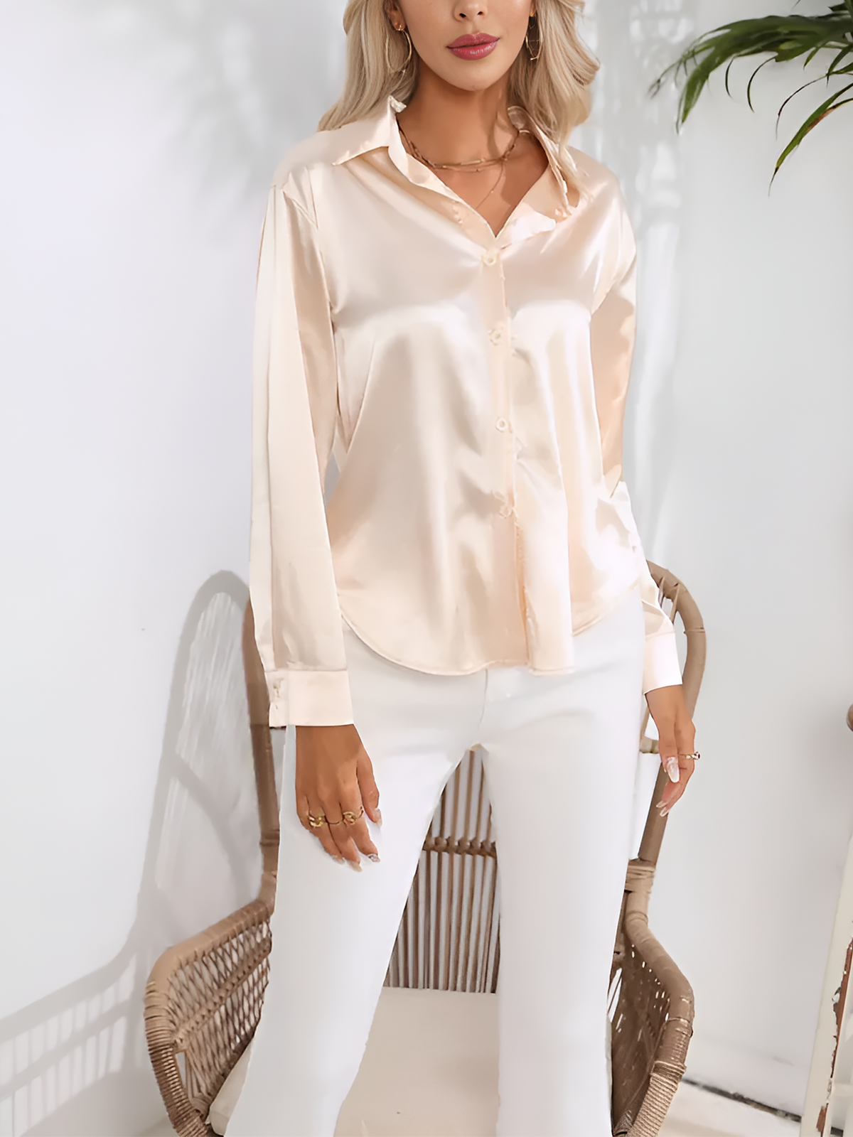 Versatile Collared Satin Solid Color Button Front Lapel Adjustable Cuffs Shirt