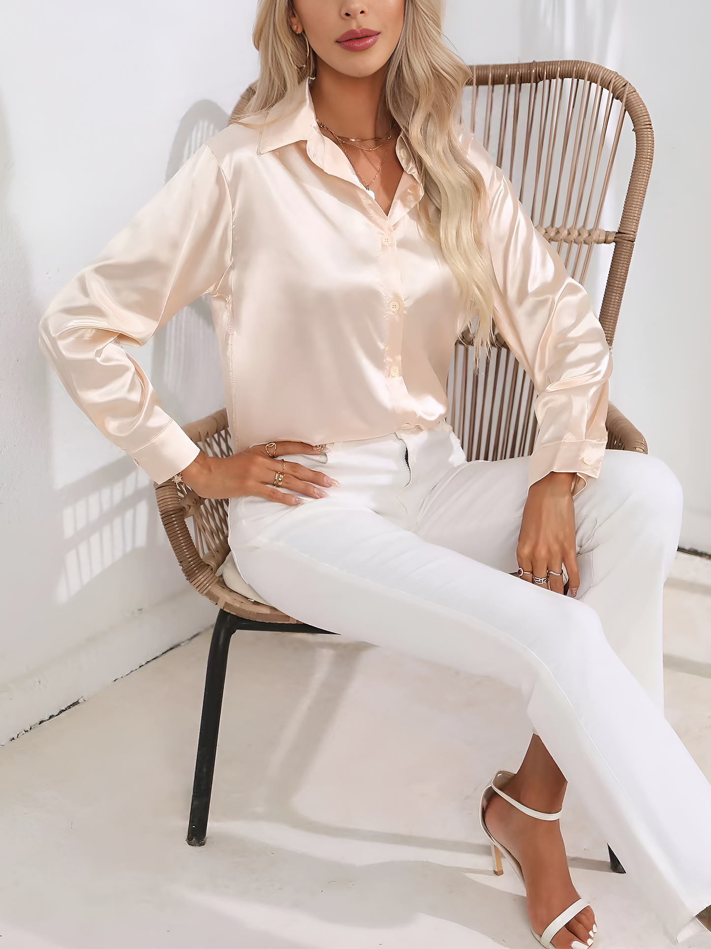 Versatile Collared Satin Solid Color Button Front Lapel Adjustable Cuffs Shirt