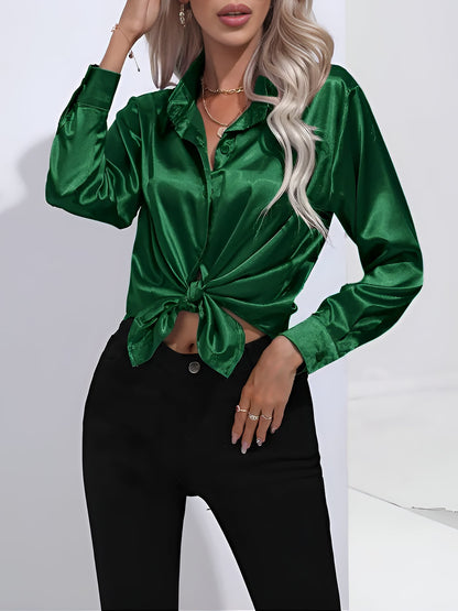 Versatile Collared Satin Solid Color Button Front Lapel Adjustable Cuffs Shirt