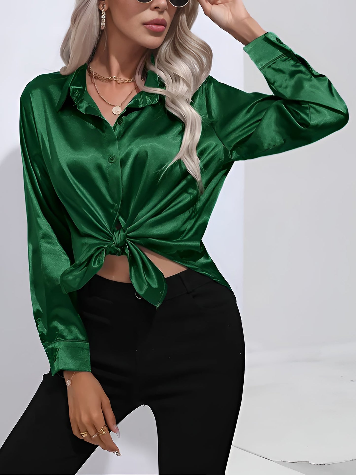 Versatile Collared Satin Solid Color Button Front Lapel Adjustable Cuffs Shirt
