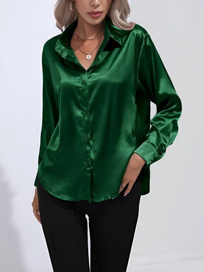 Versatile Collared Satin Solid Color Button Front Lapel Adjustable Cuffs Shirt