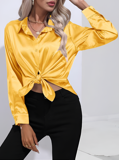 Versatile Collared Satin Solid Color Button Front Lapel Adjustable Cuffs Shirt