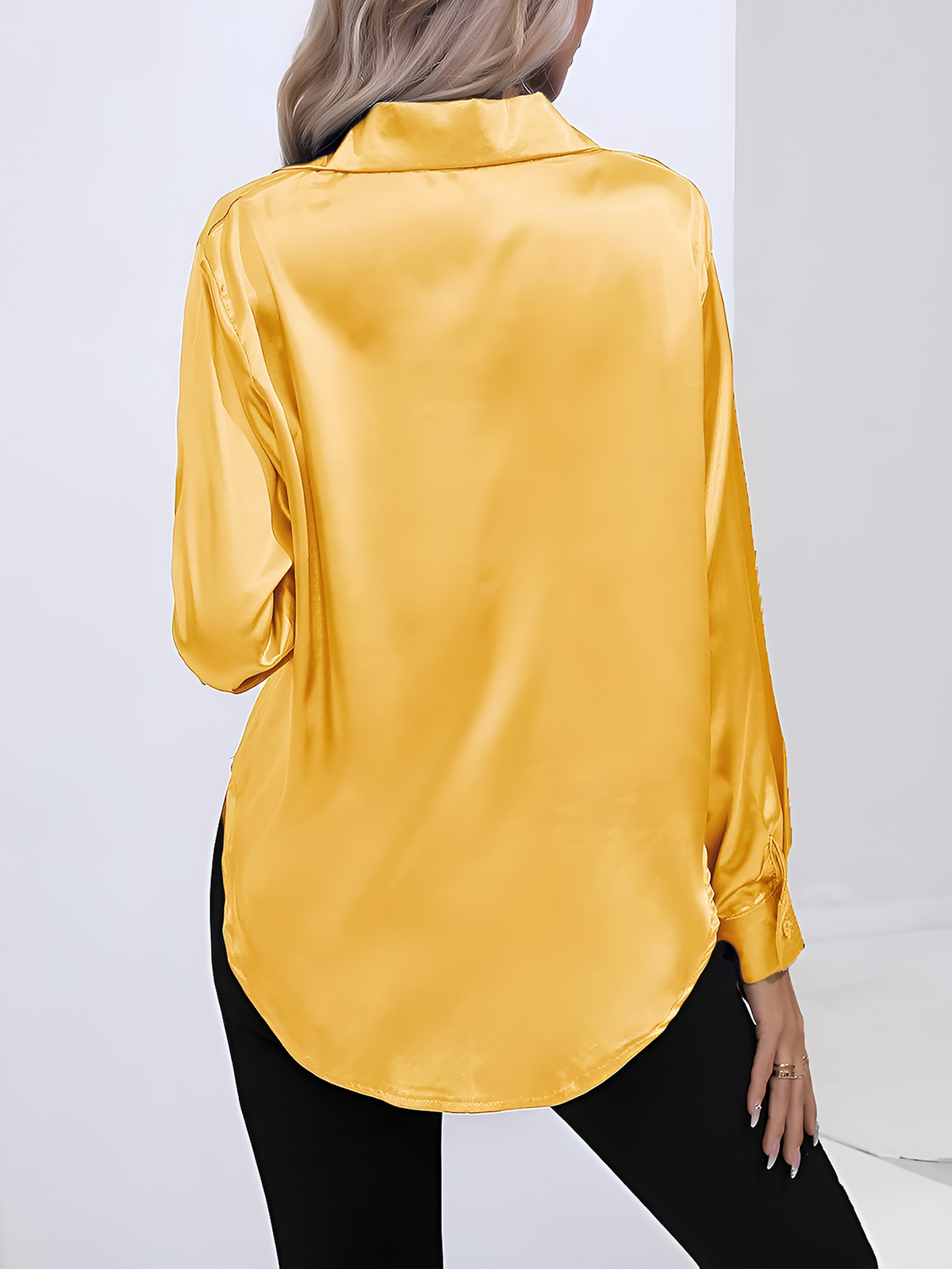 Versatile Collared Satin Solid Color Button Front Lapel Adjustable Cuffs Shirt