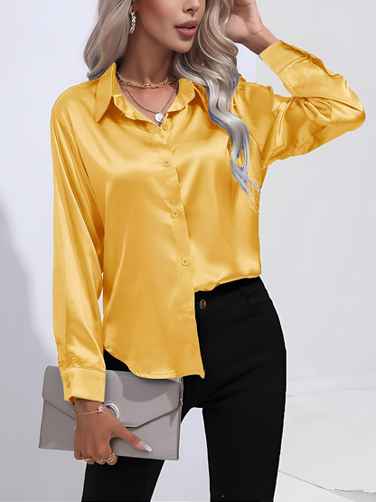 Versatile Collared Satin Solid Color Button Front Lapel Adjustable Cuffs Shirt